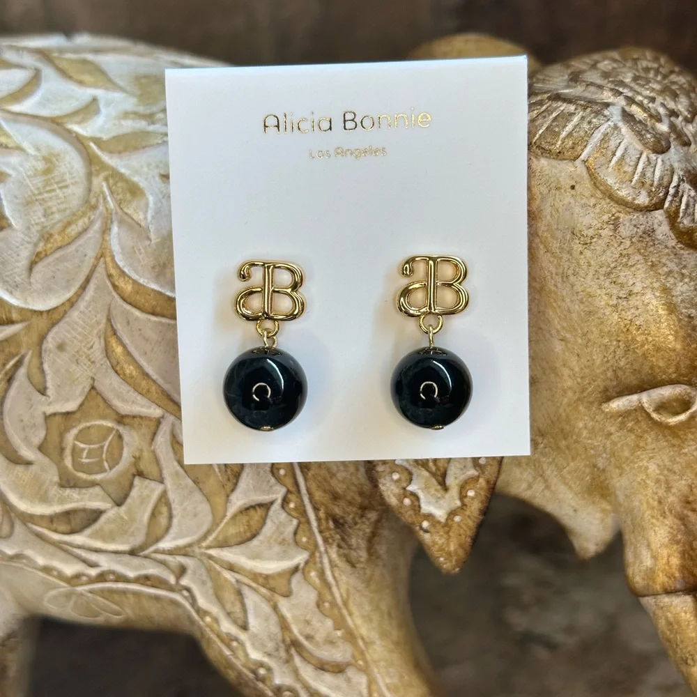 COPY - Gold  Alicia Bonnie Black Bead Dangle Earrings - Picture 5 of 8